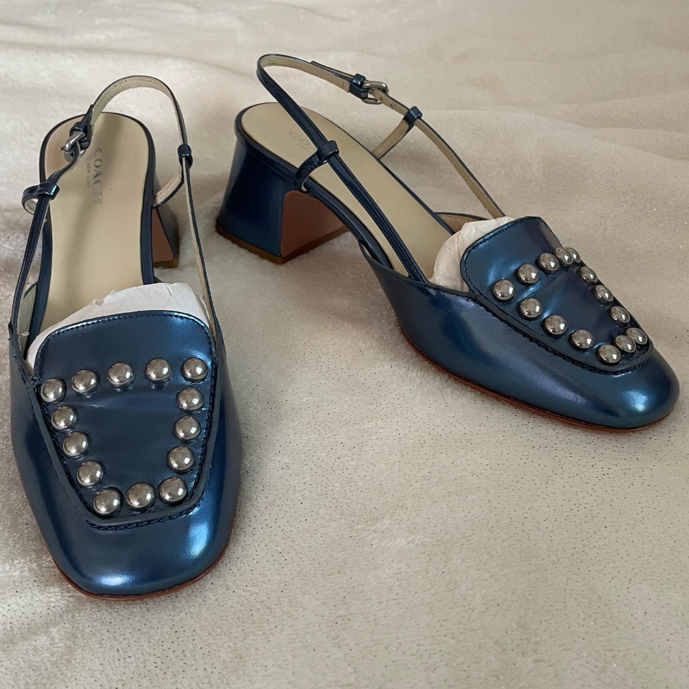 Coach 2014 Rivets Kitten Sling Back Mules in Denim Metallic ✨💕